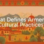 Colorful Armenian cultural tapestry, Great Silk Road elements, Caucasus Mountains backdrop, ancient Christian symbols, traditional patterns, warm and vibrant tones, illustrative style.