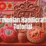 Colorful Armenian handicrafts, embroidery and khachkar carvings, traditional patterns, vibrant and cultural, illustrative style.