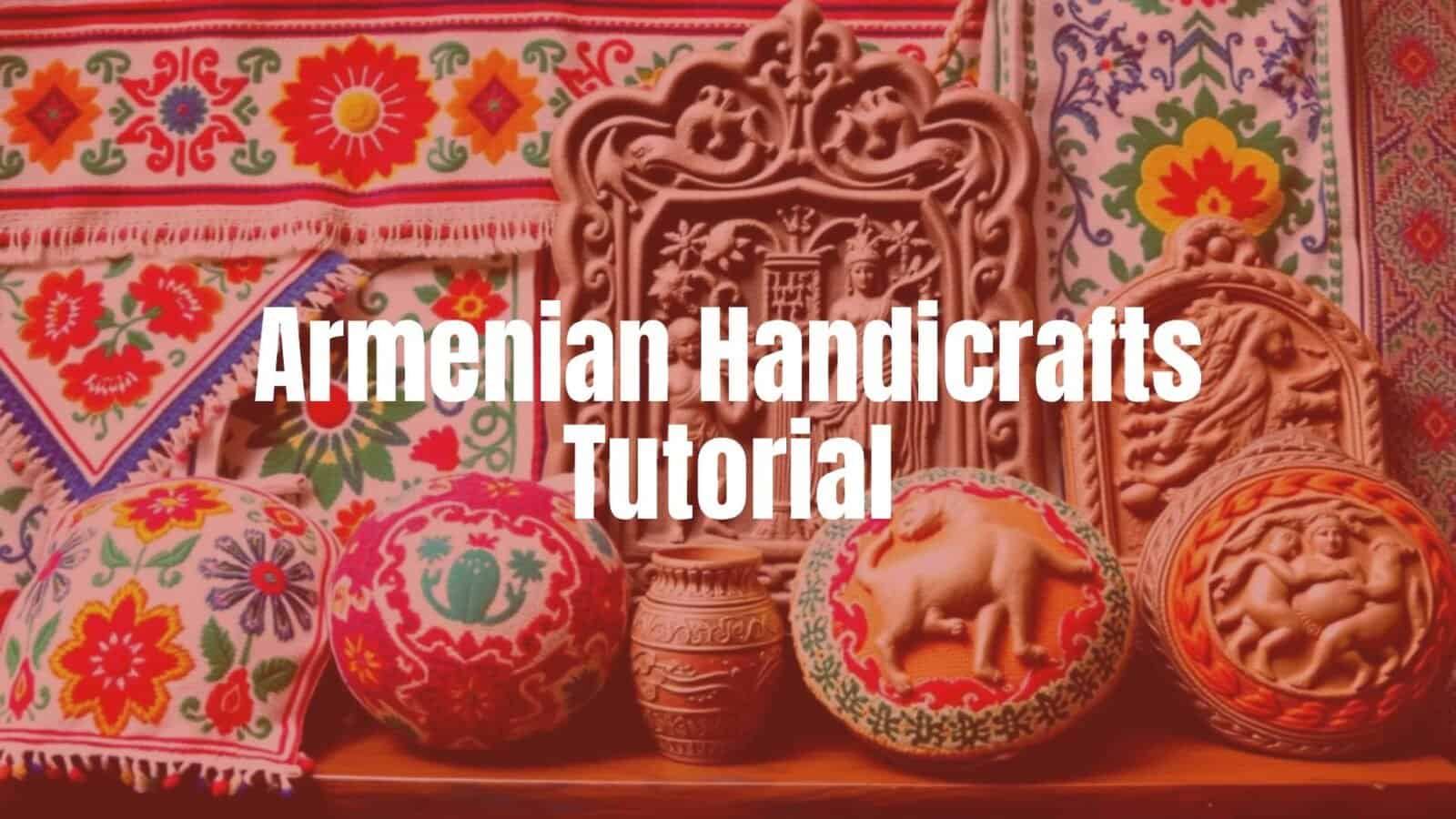 Colorful Armenian handicrafts, embroidery and khachkar carvings, traditional patterns, vibrant and cultural, illustrative style.