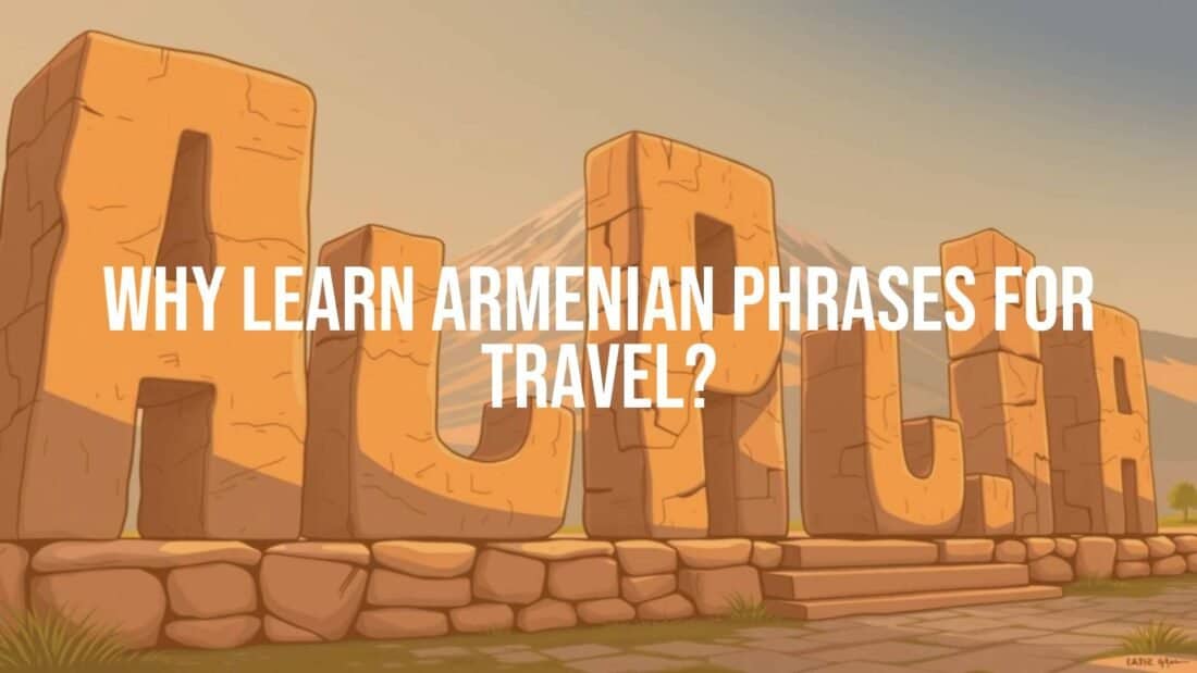 Armenian alphabet monument near Mount Aragats, ancient stone letters under blue sky, cultural heritage, warm hospitality vibe, illustrative style.
