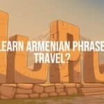 Armenian alphabet monument near Mount Aragats, ancient stone letters under blue sky, cultural heritage, warm hospitality vibe, illustrative style.