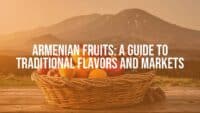 A vibrant assortment of Armenian fruits like apricots, pomegranates, and grapes in a rustic wicker basket, golden sunlight, volcanic mountain landscape background, realistic and high quality.