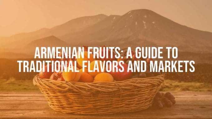 A vibrant assortment of Armenian fruits like apricots, pomegranates, and grapes in a rustic wicker basket, golden sunlight, volcanic mountain landscape background, realistic and high quality.