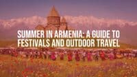 A vibrant summer landscape of Armenia featuring a historic stone monastery on a green hillside, distant snow-capped mountains, colorful wildflowers, and people celebrating at an outdoor festival with traditional food and music, bright sunny lighting, cinematic style.