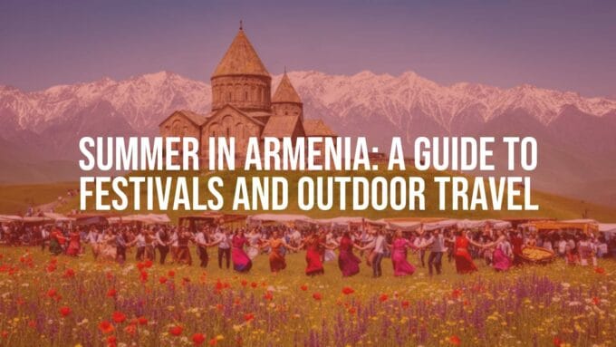 A vibrant summer landscape of Armenia featuring a historic stone monastery on a green hillside, distant snow-capped mountains, colorful wildflowers, and people celebrating at an outdoor festival with traditional food and music, bright sunny lighting, cinematic style.