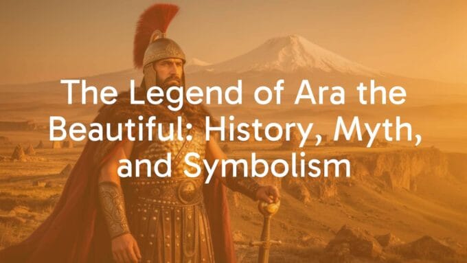 Cinematic portrait of a noble Armenian king in Bronze Age armor standing defiantly against a backdrop of the Armenian Highlands and Mount Ararat, golden light, epic atmosphere, ancient Near Eastern aesthetic.